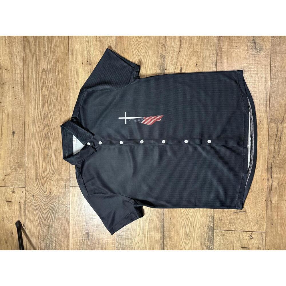 Men's Black Short Sleeve Casual Button-Up Shirt with Cross and Flag Print Small
